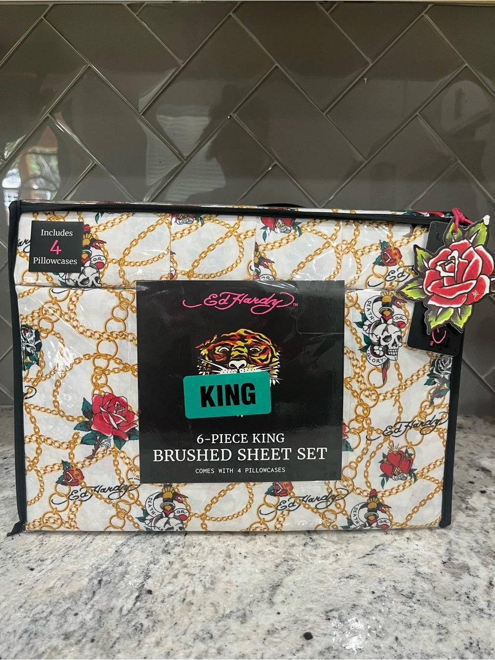 Ed Hardy King Brushed Sheet Set in White with Gold Chain and Red Rose Motif